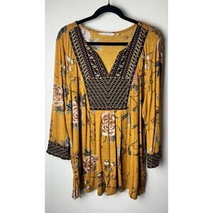 Soft Surroundings Etana Tunic Top Womens 1X Yellow Boho Floral Eclectic Artistic